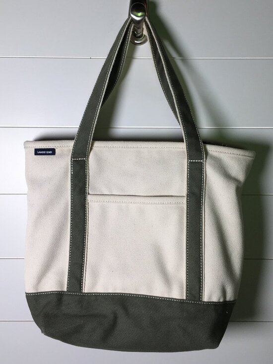 Lands' End Handbags - Lands' End Canvas Tote Olive Green & Ivory Travel Bag Zipper Closure